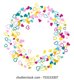 Memphis wedding invitation template border. Vector flying hearts border confetti with place for text. Valentine's day banner card frame. Romantic border with hearts confetti flying for invitation card