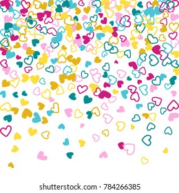 Memphis wedding invitation template border. Vector flying hearts border confetti with place for text. Valentine's day banner card frame. Romantic border with hearts confetti flying for invitation card