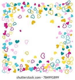 Memphis wedding invitation template border. Vector flying hearts border confetti with place for text. Valentine's day banner card frame. Romantic border with hearts confetti flying for invitation card