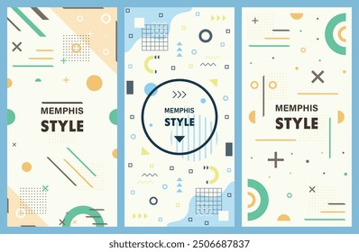 Memphis-style vertical banner collection. Vector illustration.