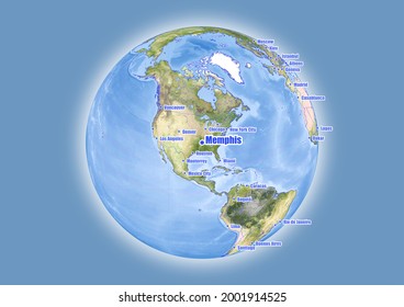 Memphis-United States of America is shown on vector globe map. The map shows Memphis-United States of America 's location in the world.