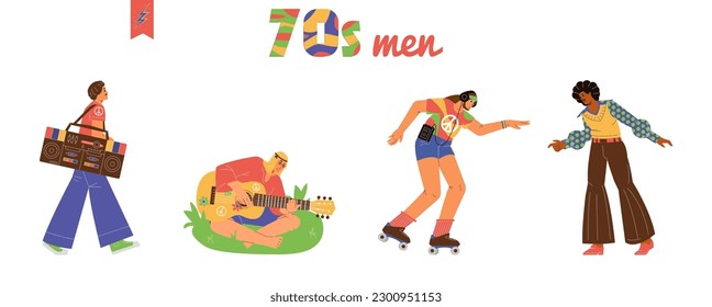 Men from the 70s vector illustrations set.  Men roller skating, dancing disco, hippie playing the guitar, walking with boom box.