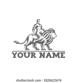 a men above the lion illustration logo.