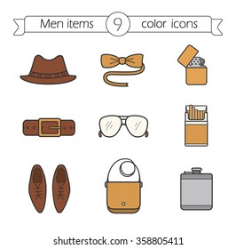 Men accessories color icons set. Hipster tuxedo butterfly tie and sunglasses thin line illustrations. Homburg hat, leather belt, male shoes and handbag symbols. Logo concepts. Vector illustrations