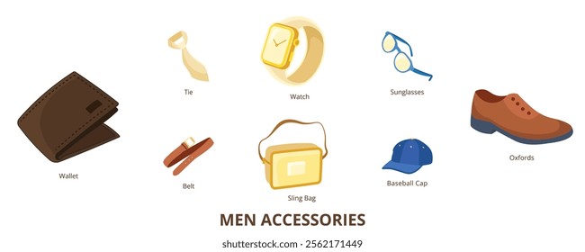 Men Accessories Flat Banner Web Icon Set Vector Illustration