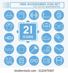 Men Accessories Icon Set in trendy blue eyes style isolated on soft blue background