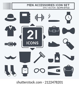 Hombres Accesorios Icono Set en estilo de glifo a la moda aislado en un fondo azul suave