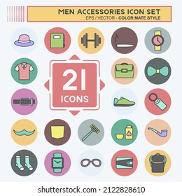 Men Accessories Icon Set in trendy color mate style isolated on soft blue background