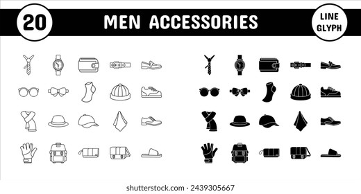Men Accessories Line Glyph Vector Illustration Icon Sticker Set Design Materials