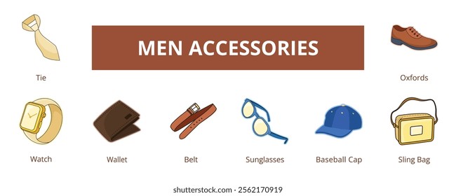 Men Accessories Lineal Color Banner Web Icon Set Vector Illustration