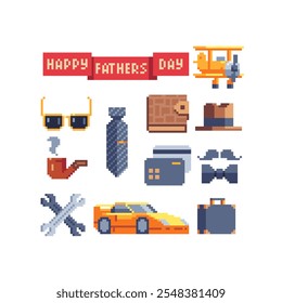 Homens acessórios pixel 80s set. Feliz dia dos pais. Feriado do papai. Crie cartões de cumprimentos, aplicativos e convites. Ilustração isolada de vetor.
