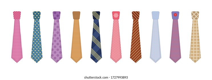 Men accessories ties fashioned. Big colored set neckties different types. Set of various colored ties isolated on white background. Collection men icons. Vector illustration, eps 10.