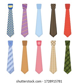 Men accessories ties fashioned. Big colored set neckties different types. Set of various colored ties isolated on white background. Collection men icons. Vector illustration, eps 10.