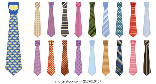 Men accessories ties fashioned. Big colored set neckties different types. Set of various colored ties isolated on white background. Collection men icons. Vector illustration, eps 10.