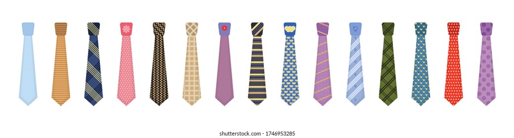 Men accessories ties fashioned. Set of various colored ties isolated on white background. Big colored set neckties different types. Collection men icons. Vector illustration, eps 10.
