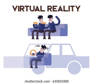 Men  in action with virtual reality headset .Men  with game controller gamepad and virtual reality glasses.Man in action driving a car.