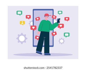 Hombres adictos a jugar al teléfono, abriendo las redes sociales todo el tiempo. Diseño de personajes. Ilustración plana de Vector