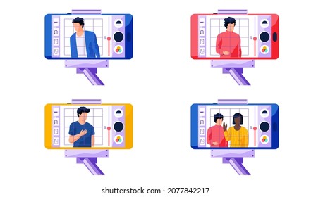 Men and african american girl standing side by side. Woman with phone in hands is recording a video massage. Men stand in different positions vector illustration. Set of pictures about video recording