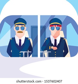 men airplane pilots in the cockpit vector illustration design