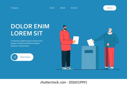 Männer jeden Alters wählen Vektorgrafik. Ältere Menschen werfen Bulletin in eine spezielle Schachtel. Junge männliche Figur mit Bulletin wartet in der Warteschlange. Abstimmungskonzept für Banner, Website-Design oder Landing-Page