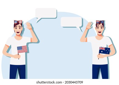 Hombres con banderas estadounidenses y australianas. Antecedentes del texto. Comunicación entre hablantes nativos de la lengua. Ilustración vectorial.