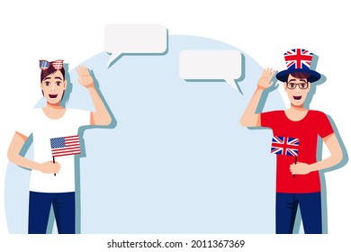 Men with American and British flags. Background for the text. Communication between native speakers of the language. Vector illustration. svg