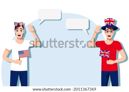 Men with American and British flags. Background for the text. Communication between native speakers of the language. Vector illustration.