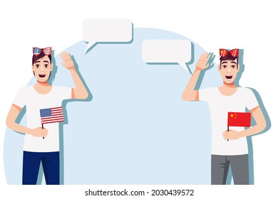 Men with American and Chinese flags. Background for the text. The concept of sports, political, education, travel and business relations between the USA and China. Vector illustration.