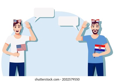 Men with American and Croatian flags. Background for text. Communication between native speakers of the USA and Croatia. Vector illustration.