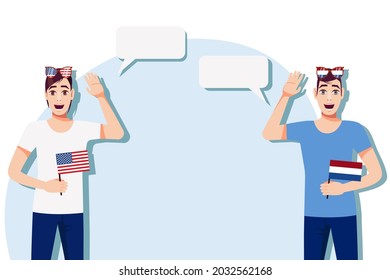 Men with American and Dutch flags. Background for the text. The concept of sports, political, education, travel and business relations between the USA and the Netherlands. Vector illustration.