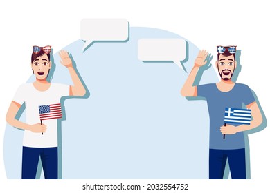 Men with American and Greek flags. Background for text. Communication between native speakers of the USA and Greece. Vector illustration.