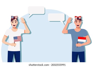Men with American and Indonesian flags. Background for text. Communication between native speakers of the USA and Indonesia. Vector illustration.