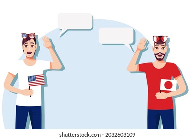 Men with American and Japanese flags. Background for the text. The concept of sports, political, education, travel and business relations between the USA and Japan. Vector illustration.