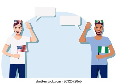 Men with American and Nigerian flags. Background for the text. Communication between native speakers of the language. Vector illustration.