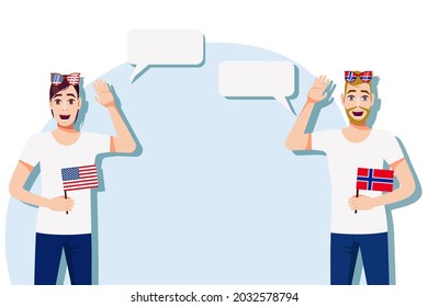 Men with American and Norwegian flags. The concept of international communication, education, sports, travel, business. Dialogue between the USA and Norway. Vector illustration.