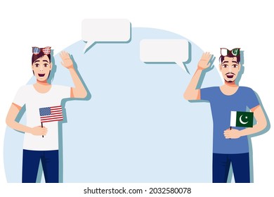 Men with American and Pakistani flags. Background for text. Communication between native speakers of the USA and Pakistan. Vector illustration.