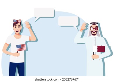 Men with American and Qatari flags. Background for the text. Communication between native speakers of the language. Vector illustration.