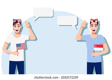 Men with American and Singapore flags. Background for the text. The concept of sports, political, education, travel and business relations between the USA and Singapore. Vector illustration.