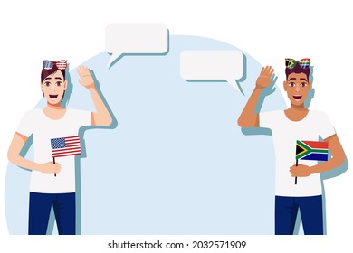Men with American and South African flags. Background for text. Communication between native speakers of the USA and South Africa. Vector illustration.