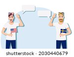 Men with American and Swedish flags. The concept of international communication, education, sports, travel, business. Dialogue between the USA and Sweden. Vector illustration.