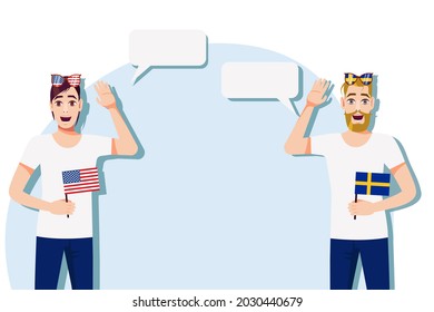 Men with American and Swedish flags. The concept of international communication, education, sports, travel, business. Dialogue between the USA and Sweden. Vector illustration.
