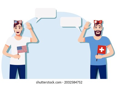 Männer mit amerikanischer und Schweizer Flagge. Hintergrund des Textes. Das Konzept der Sport-, Politik-, Bildungs-, Reise- und Geschäftsbeziehungen zwischen den USA und der Schweiz. Vektorgrafik.