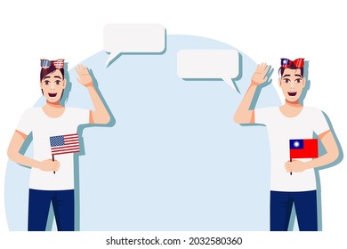 Men with American and Taiwan flags. The concept of international communication, education, sports, travel, business. Dialogue between the USA and Taiwan. Vector illustration.