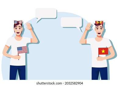 Men with American and Vietnamese flags. The concept of international communication, education, sports, travel, business. Dialogue between the USA and Vietnam. Vector illustration.