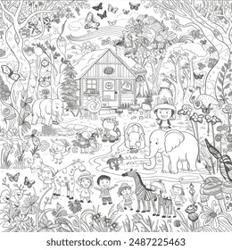 men and animals coloring page 