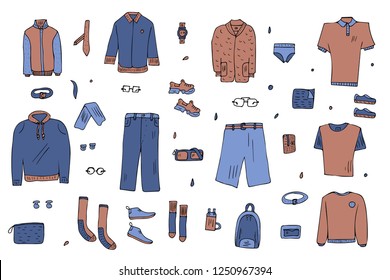 Men apparel and accessories set in doodle style. Collection of male clothes, shoes isolated on white background.  Vector illustration. 