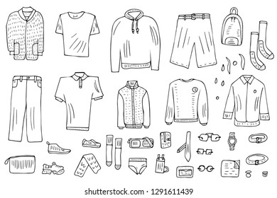 Men apparel and accessories set in doodle style. Collection of male clothes, shoes isolated on white background.  Vector black and white design illustration. 