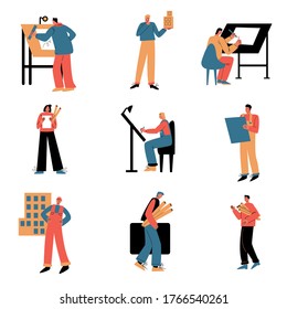 Hombres arquitectos con herramientas y equipo durante la ilustración de vectores de trabajo