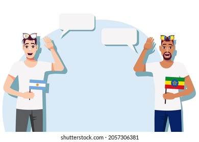 Men with Argentine and Ethiopian flags. Background for the text. The concept of sports, political, education, travel and business relations between Argentina and Ethiopia. Vector illustration.
