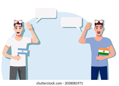 Men with Argentine and Indian flags. Background for the text. The concept of sports, political, education, travel and business relations between Argentina and India. Vector illustration.